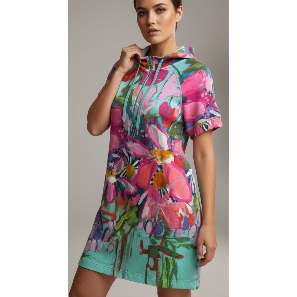 New Claire Desjardins M Wearable Art Floral Hoodie Dress Down by the Pond's Edge